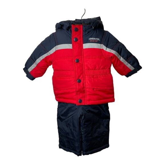 London Fog Red Black 2 Piece Snowsuit Hooded Jacket & Bib Baby Size 12M NWT - Picture 1 of 7